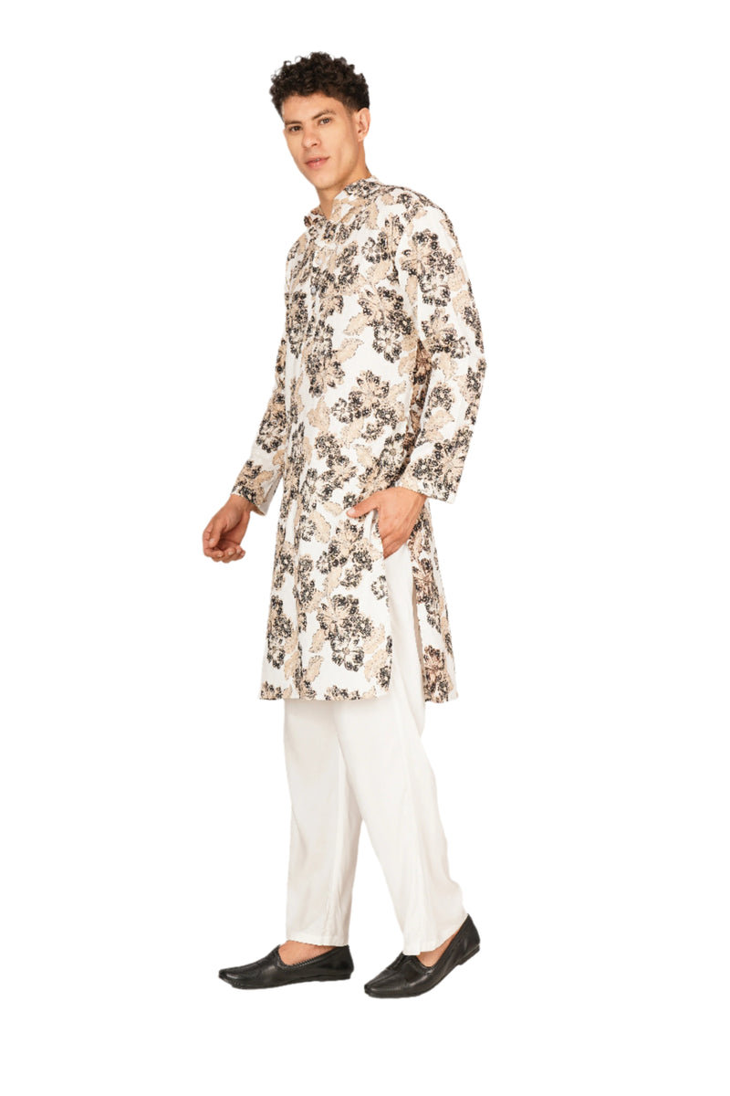 White Abstract Printed Kurta For Men