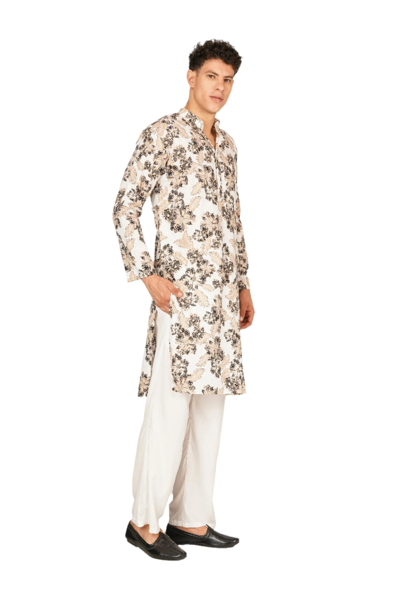 White Abstract Printed Kurta For Men