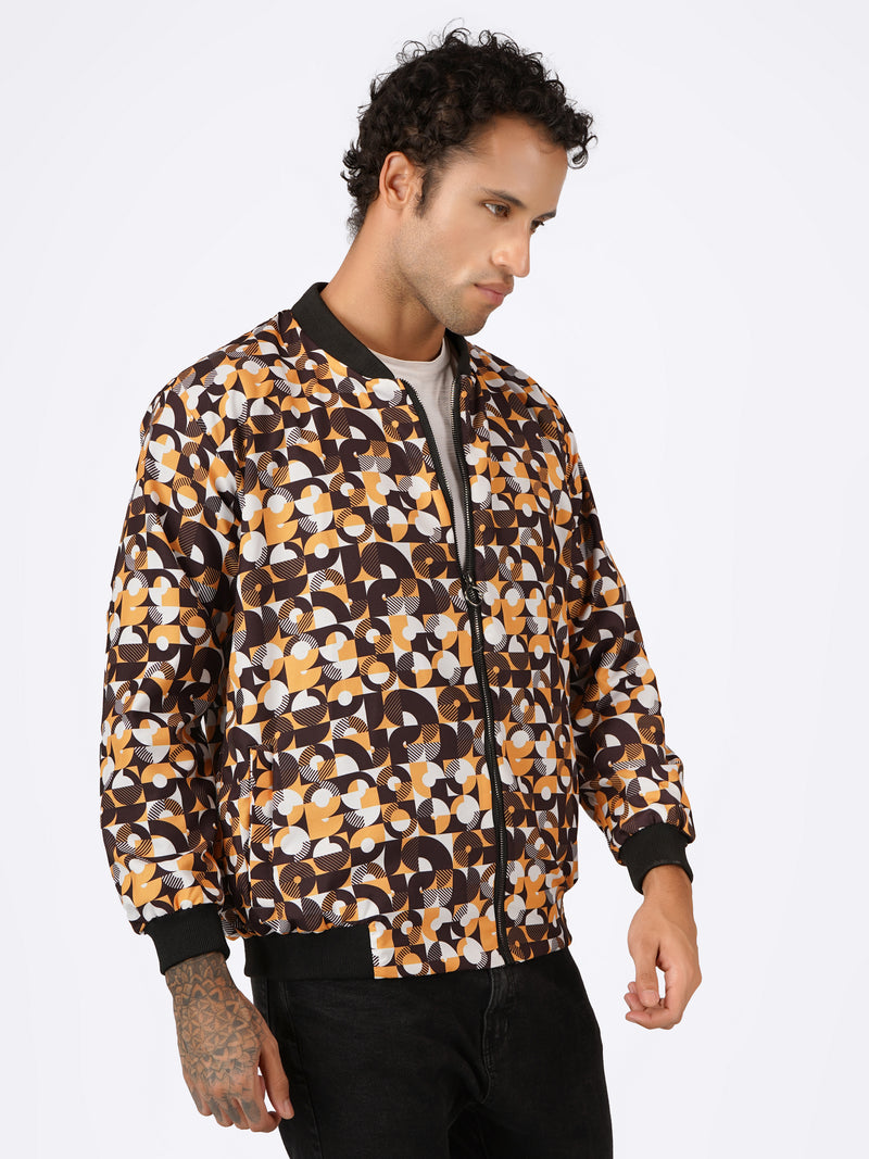 Unisex Black & Yellow Abstract Pattern Bomber Jacket