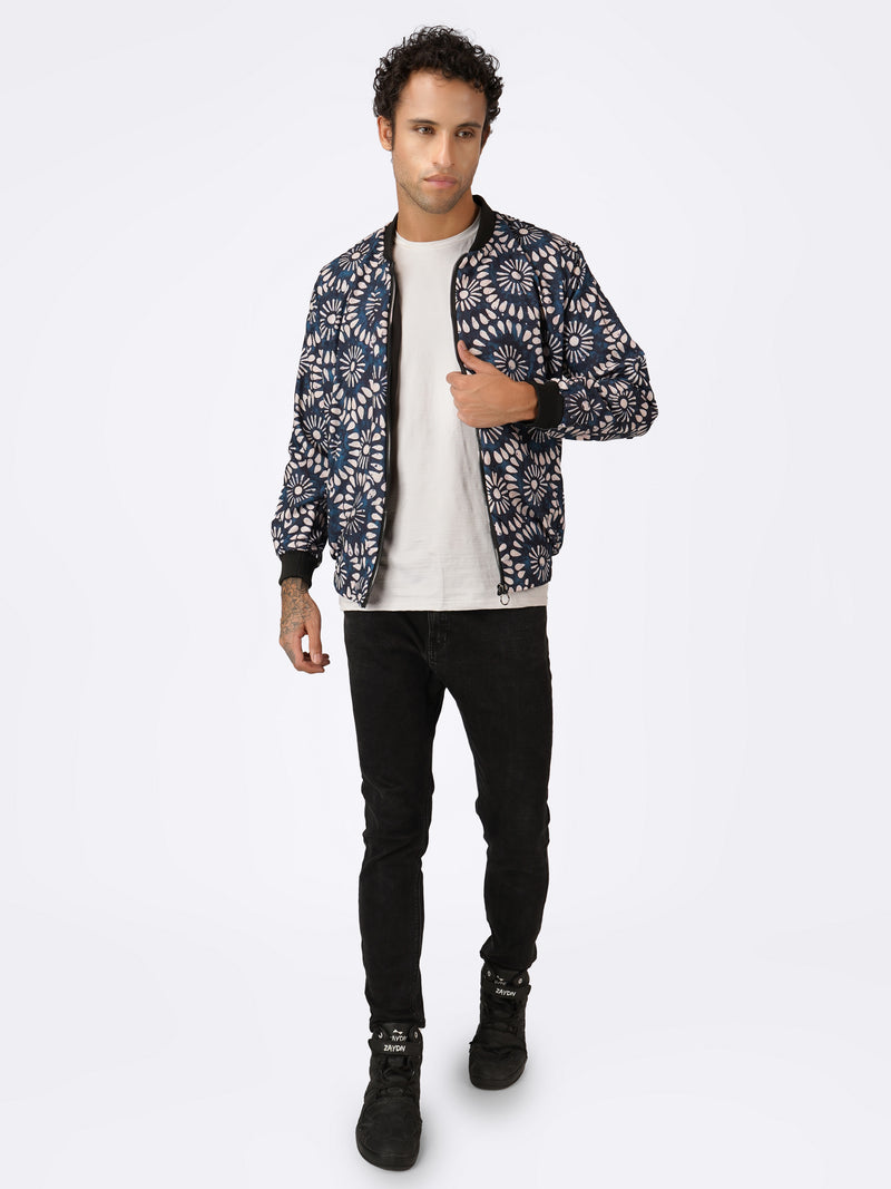 Unisex Blue Ethnic Pattern Bomber Jacket