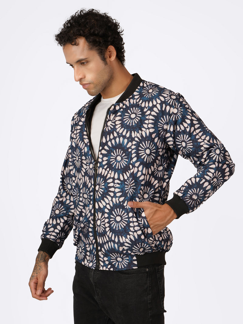 Unisex Blue Ethnic Pattern Bomber Jacket