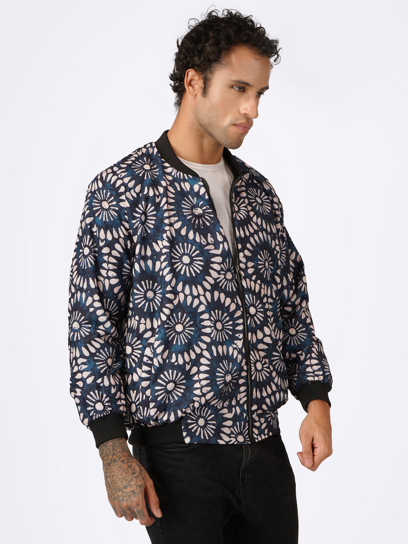 Unisex Blue Ethnic Pattern Bomber Jacket