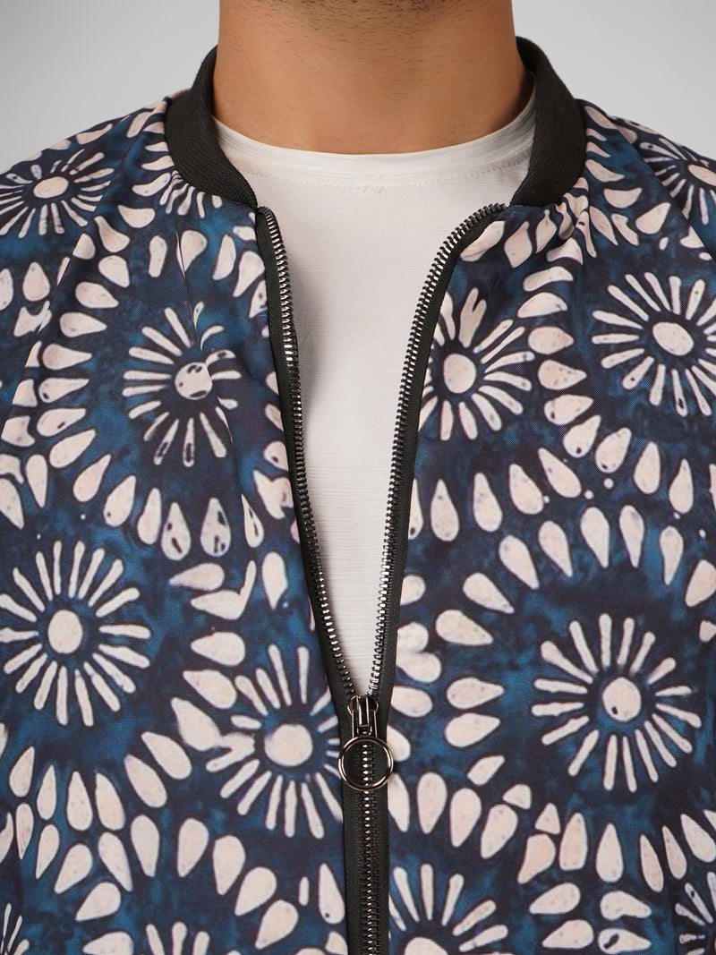 Unisex Blue Ethnic Pattern Bomber Jacket