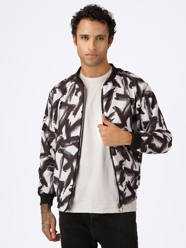 Unisex B&W Abstract Stroke Pattern Bomber Jacket