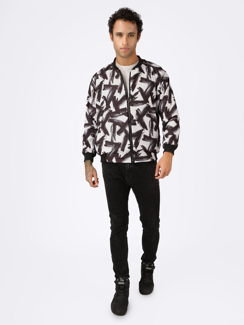 Unisex B&W Abstract Stroke Pattern Bomber Jacket