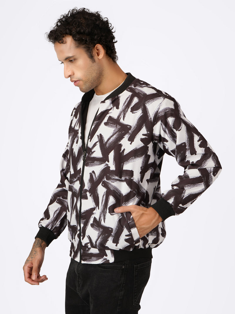 Unisex B&W Abstract Stroke Pattern Bomber Jacket