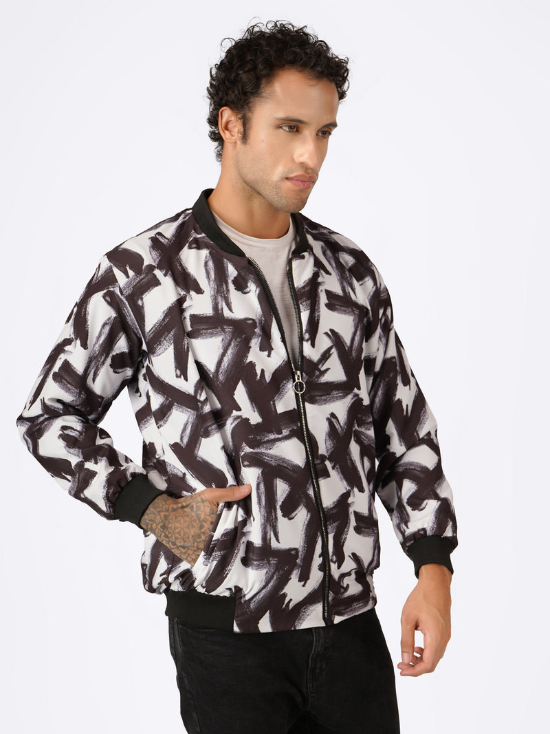 Unisex B&W Abstract Stroke Pattern Bomber Jacket