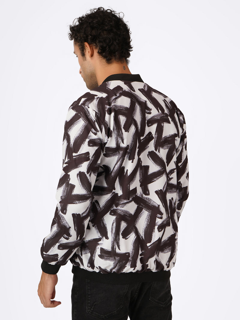 Unisex B&W Abstract Stroke Pattern Bomber Jacket