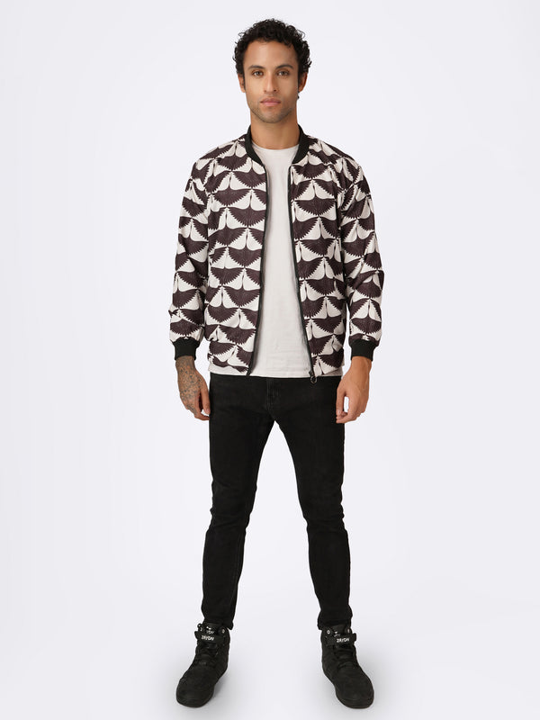 Unisex White & Black Lotus Flocked Pattern Bomber Jacket