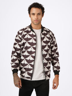 Unisex White & Black Lotus Flocked Pattern Bomber Jacket