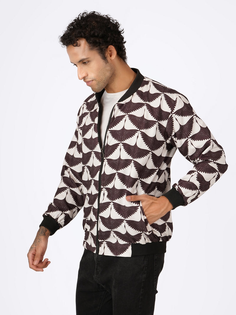 Unisex White & Black Lotus Flocked Pattern Bomber Jacket