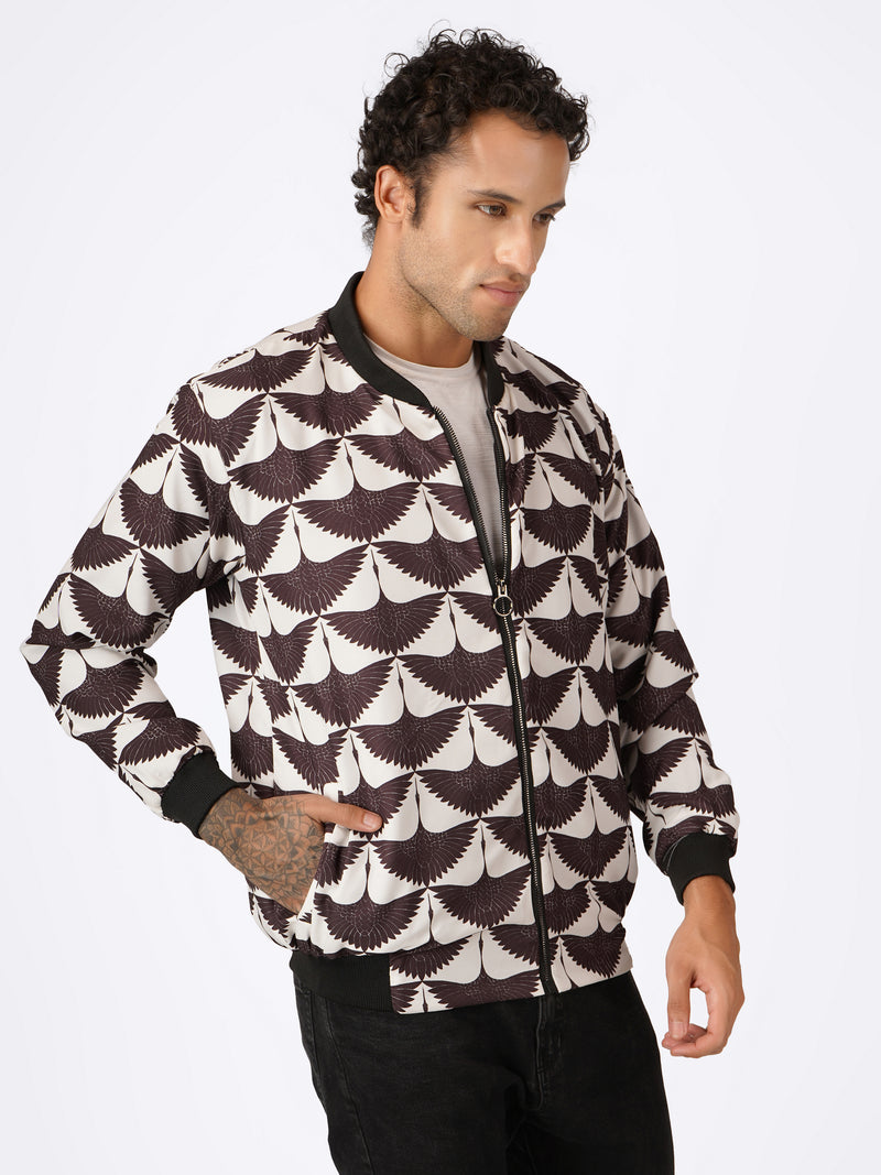 Unisex White & Black Lotus Flocked Pattern Bomber Jacket