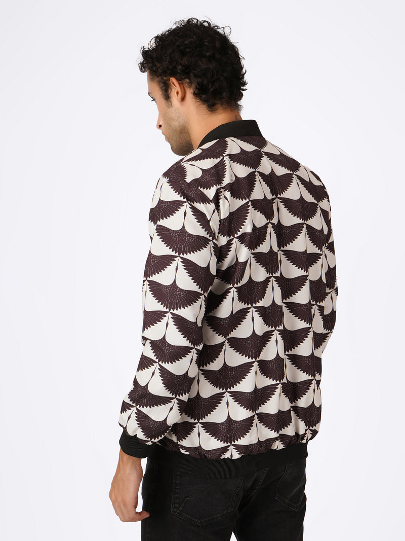 Unisex White & Black Lotus Flocked Pattern Bomber Jacket