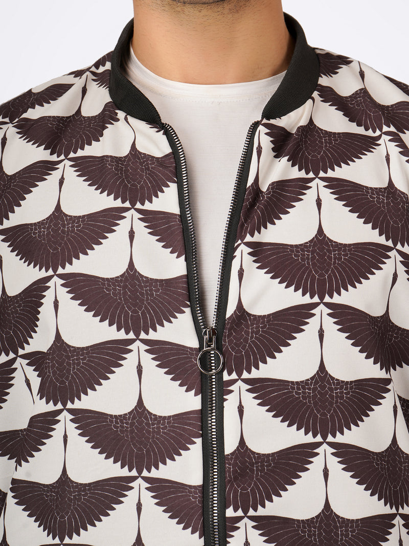 Unisex White & Black Lotus Flocked Pattern Bomber Jacket