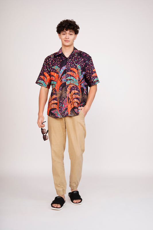 Unisex Black Exotic Palm Tree Pattern Aloha Shirt