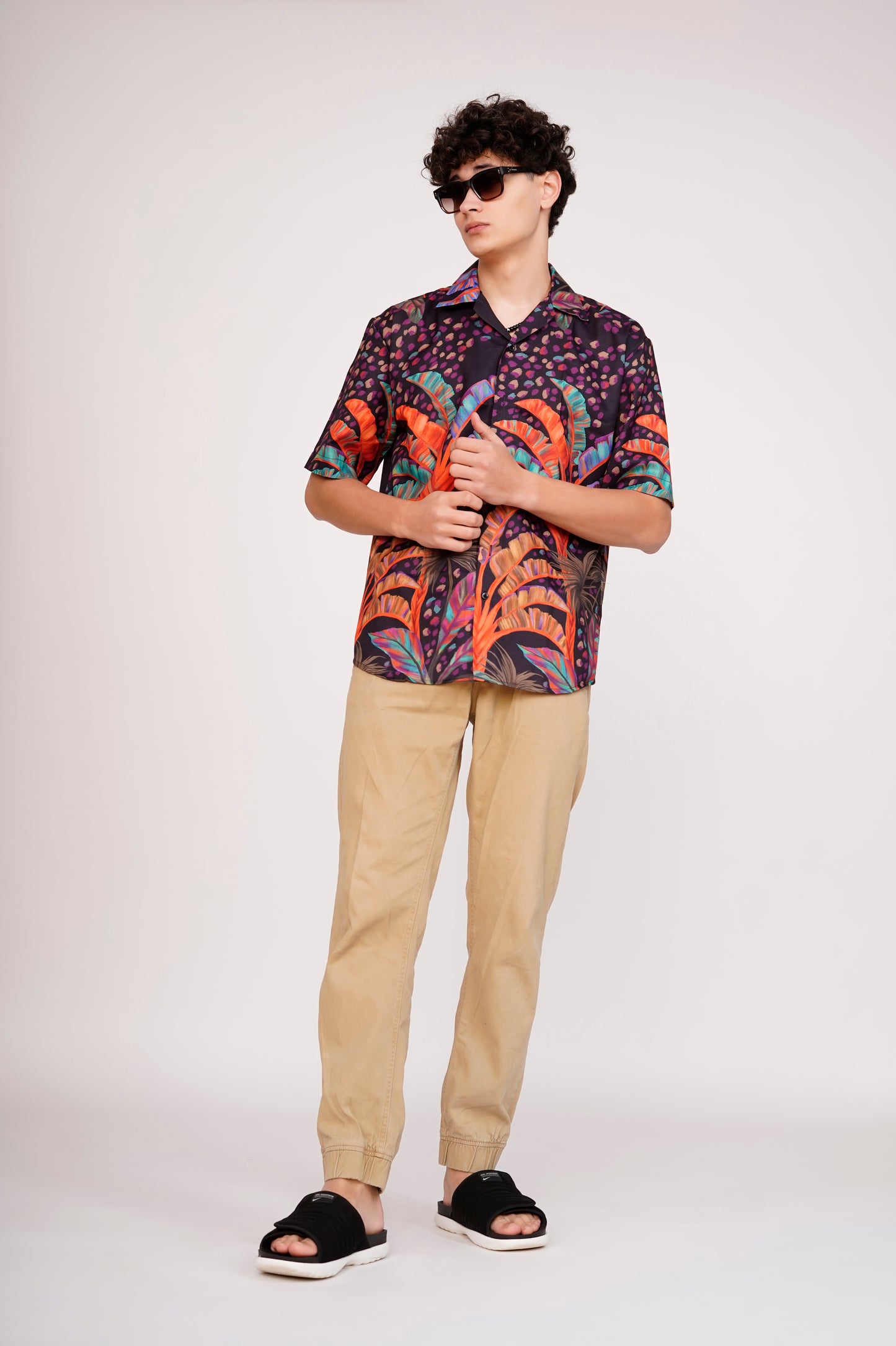 Unisex Black Exotic Palm Tree Pattern Aloha Shirt