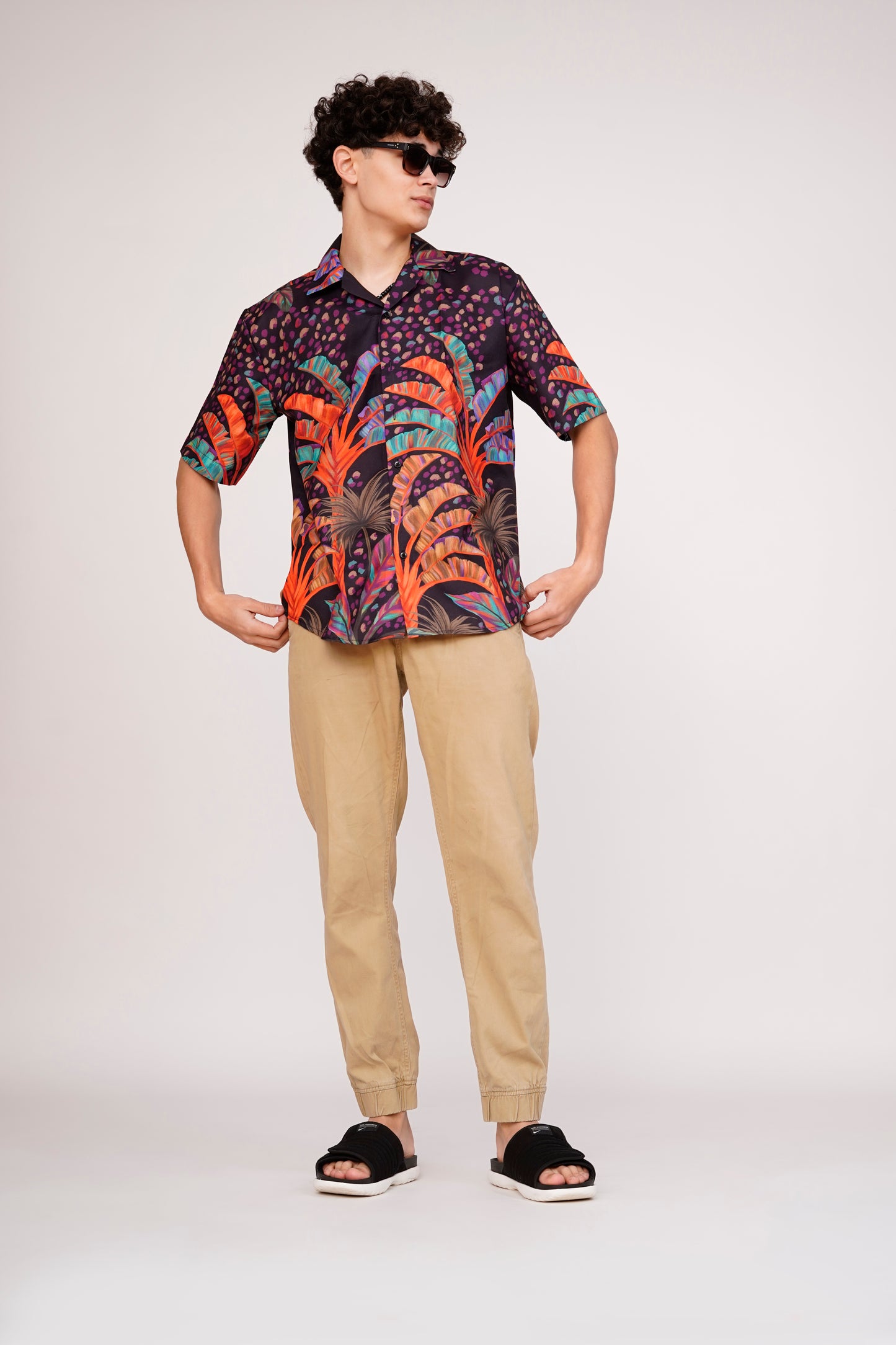 Unisex Black Exotic Palm Tree Pattern Aloha Shirt