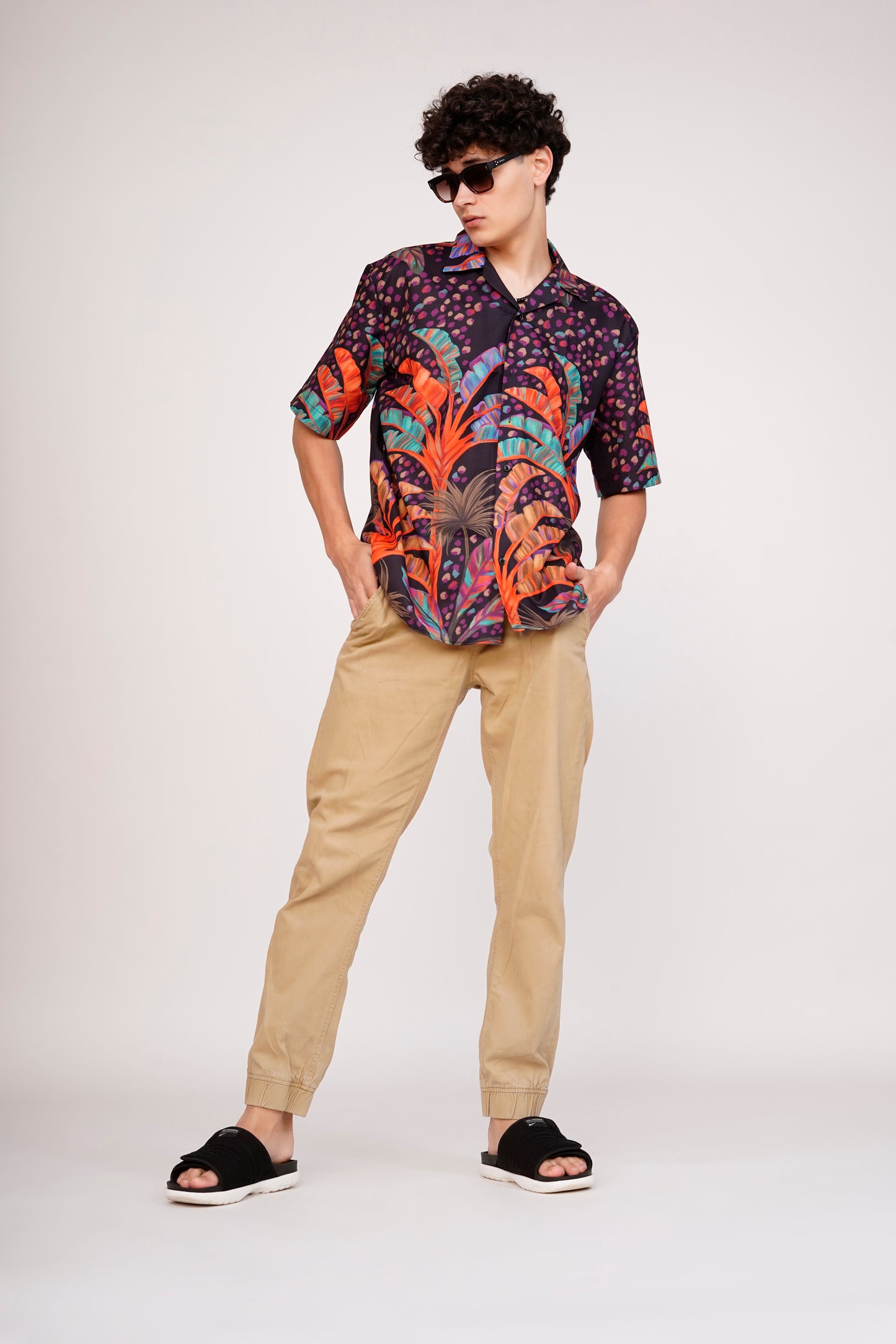 Unisex Black Exotic Palm Tree Pattern Aloha Shirt