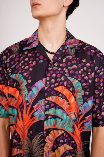 Unisex Black Exotic Palm Tree Pattern Aloha Shirt