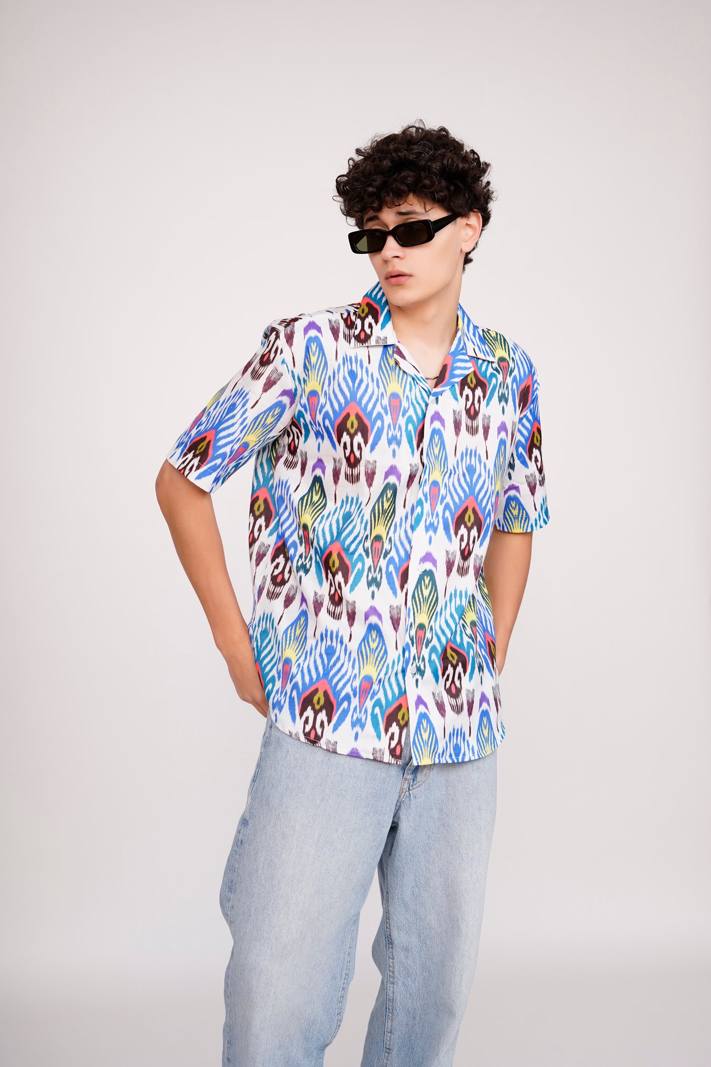 Unisex Blue Ikat Style  Print Aloha Shirt