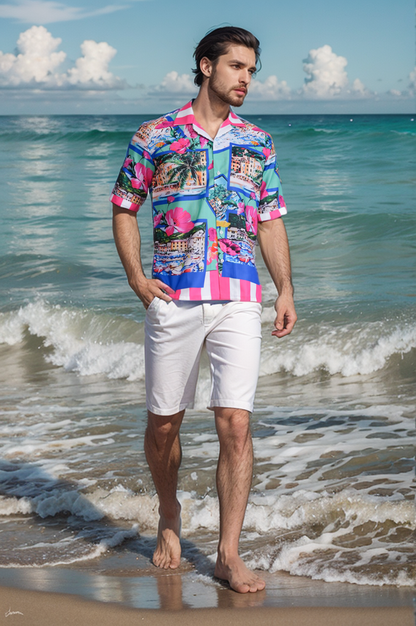 Unisex Luxe Resort Aloha Shirt ( Pink Stripes )