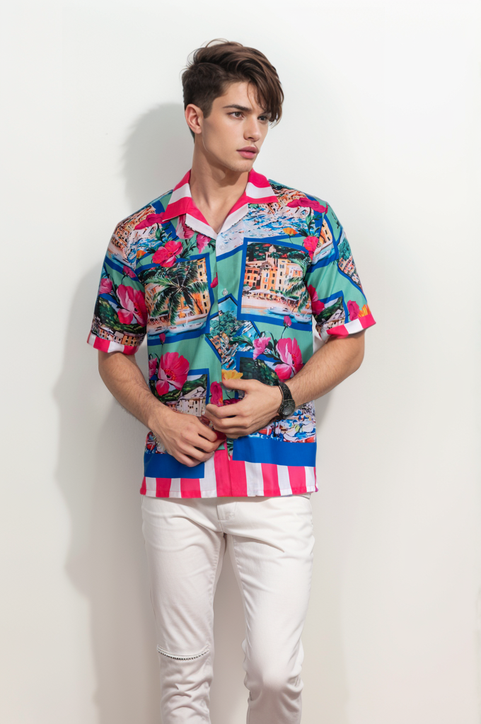 Unisex Luxe Resort Aloha Shirt ( Pink Stripes )